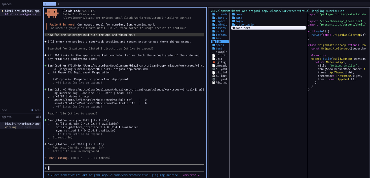 A herdr session mid-task, this one local on my Mac: spaces and agents in the left sidebar, Claude Code working away in the main pane, and a file tree and code preview on the right