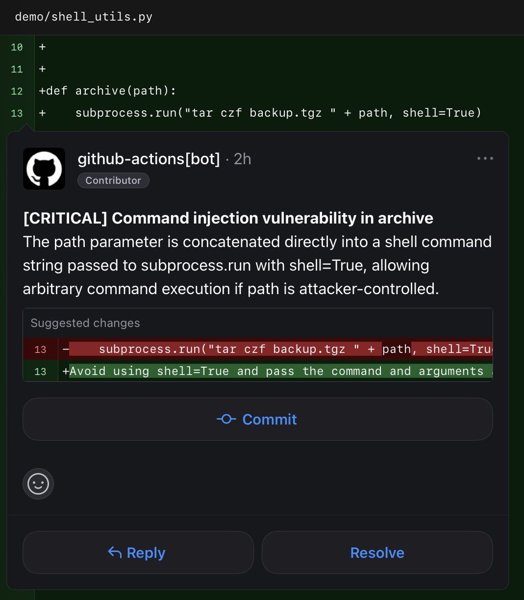 A planted shell-injection bug, caught lgtmaybe catching a planted shell-injection bug from subprocess with shell=True